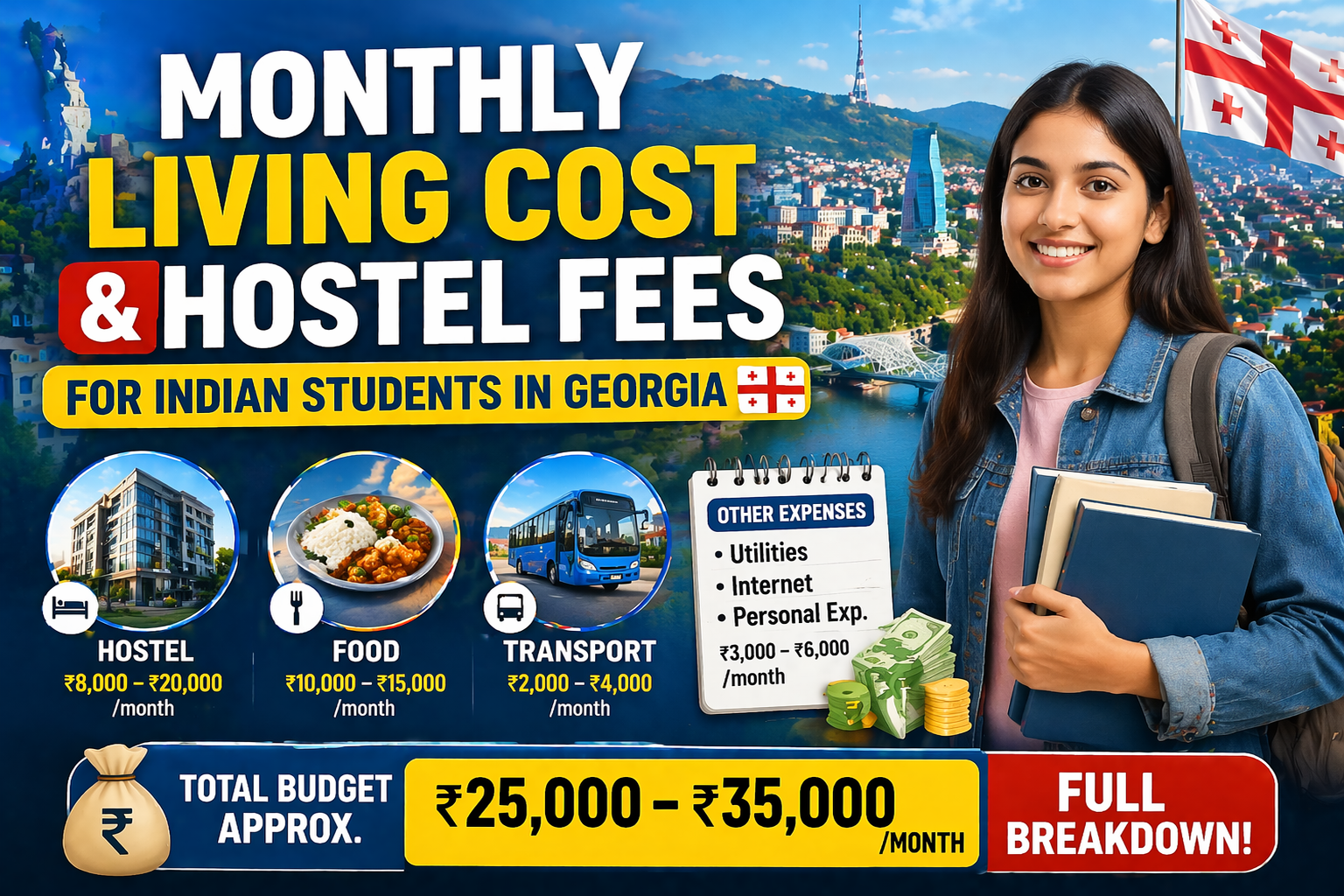 Monthly Living Cost & Hostel Fees for Indian Students in Georgia