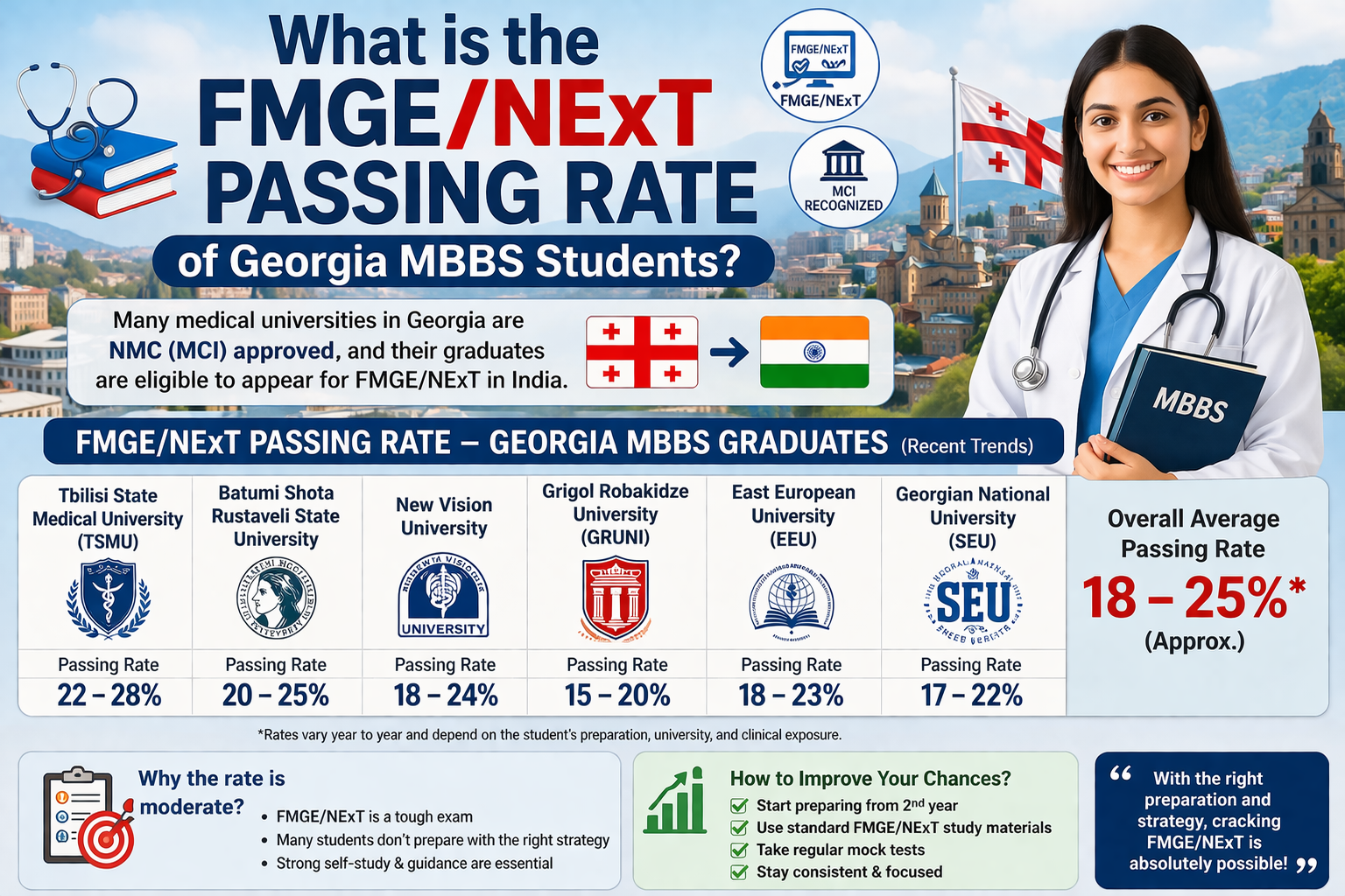 What is the FMGE/NExT passing rate of Georgia MBBS students?