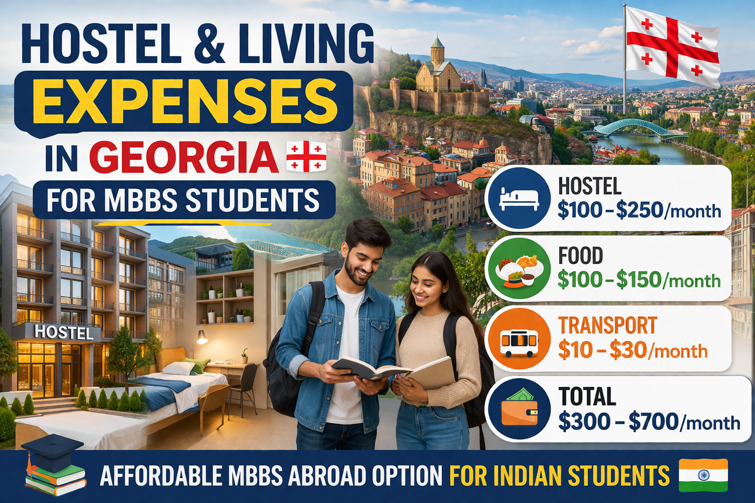 What are the hostel and living expenses in Georgia for MBBS students?