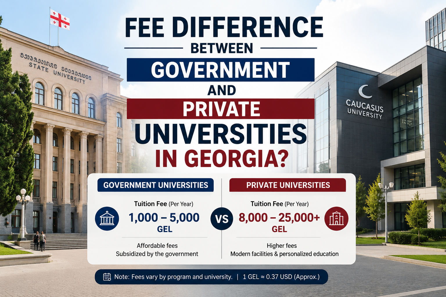 What is the fee difference between government and private universities in Georgia?