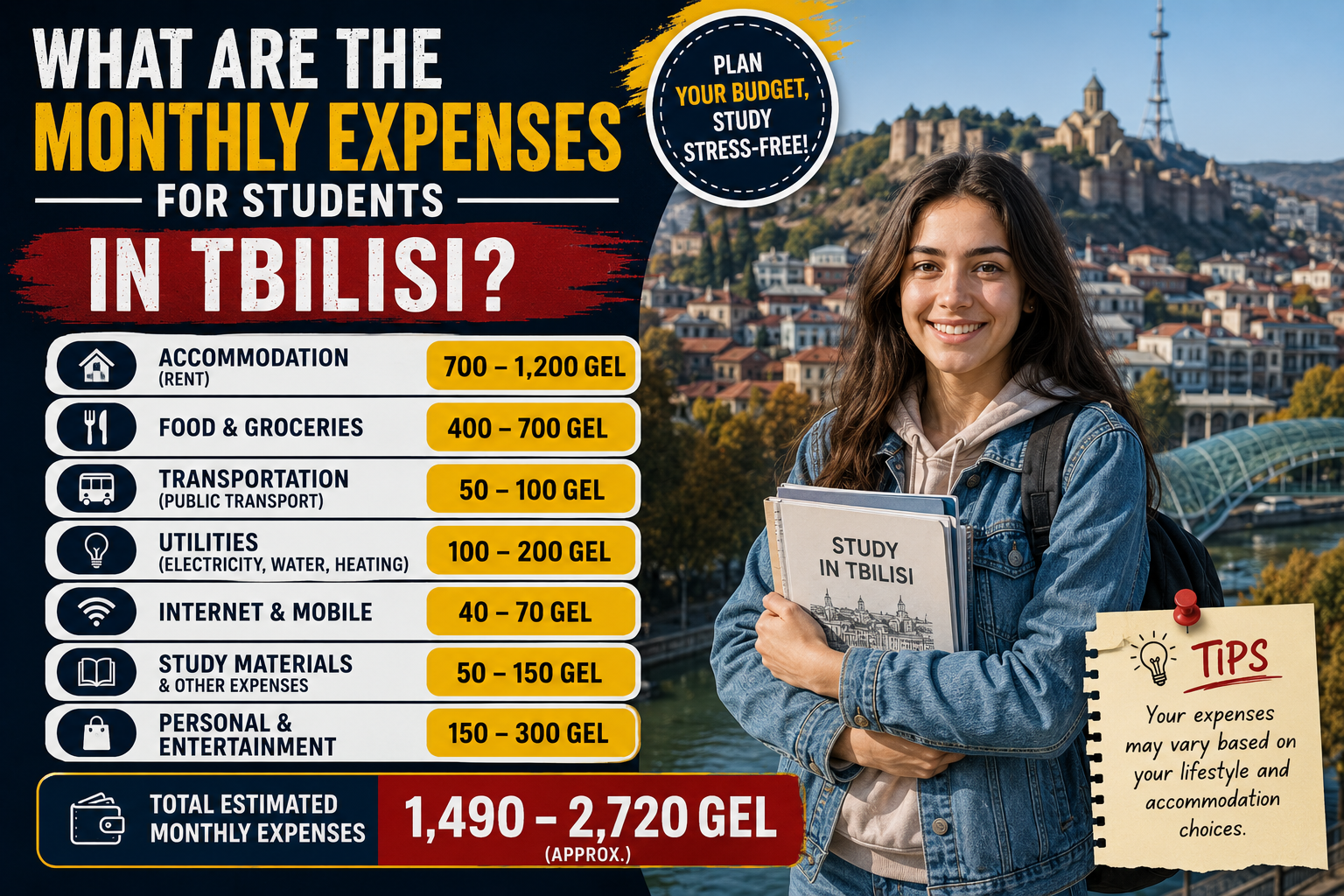 What are the monthly expenses for students in Tbilisi?
