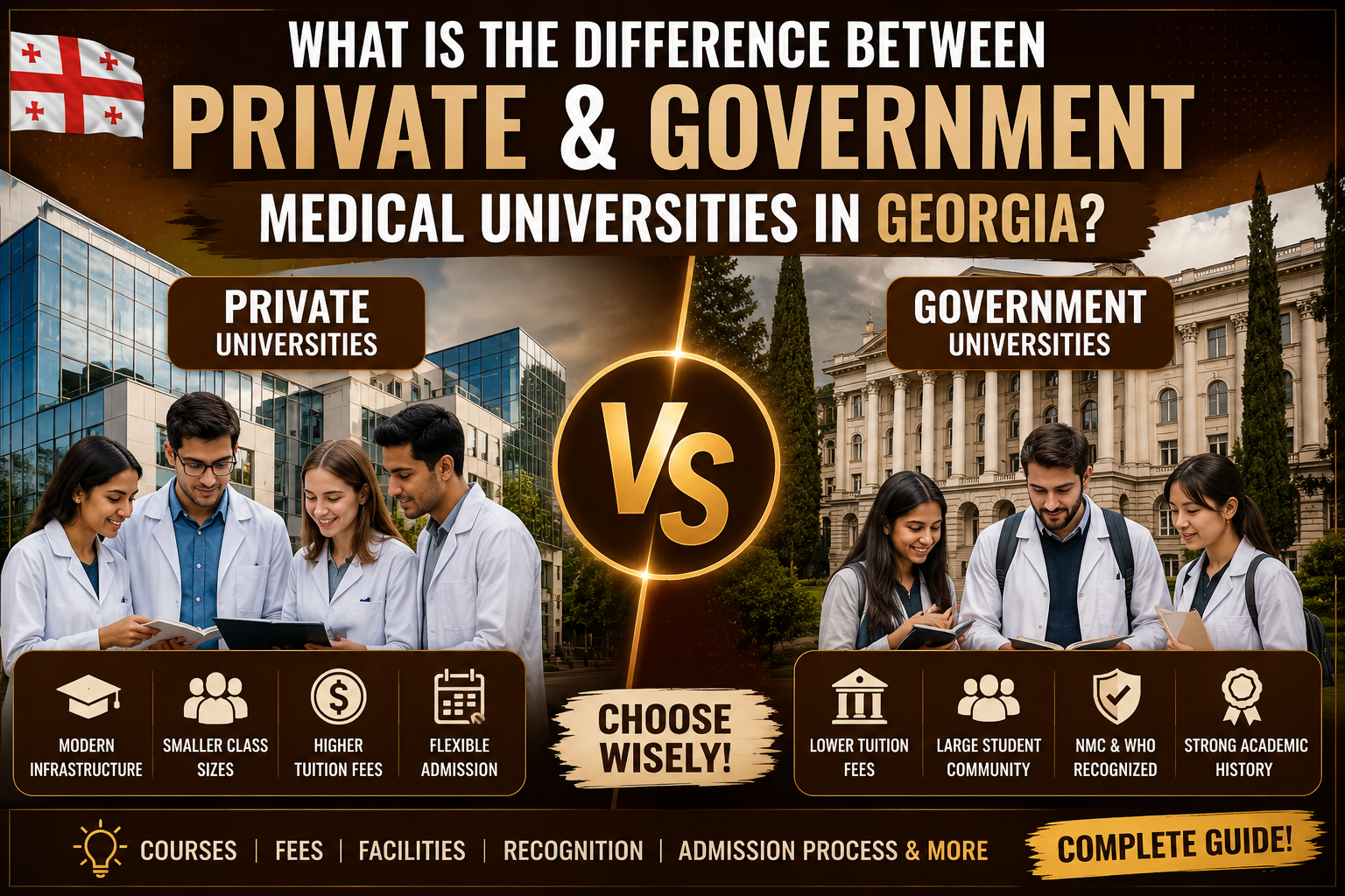 What is the difference between private and government medical universities in Georgia?
