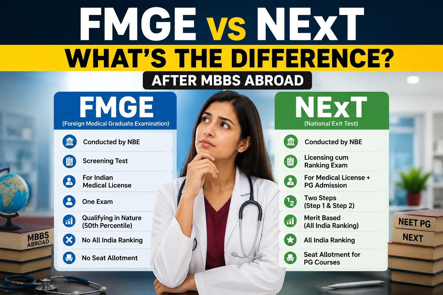 What is the difference between FMGE and NExT after MBBS abroad?